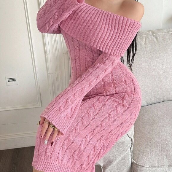 Pink Elegant Women's Tie-Neck Off Shoulder Long Sleeve Fitted Knit Midi Dress - Picture 3 of 5